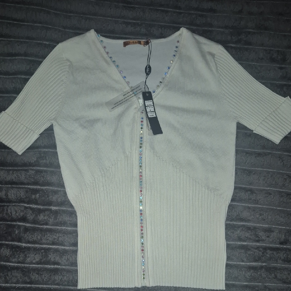 Belldini Cream Short Sleeve Ribbed V‑Neck Top with Rhinestone Trim